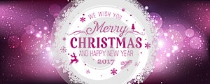 Christmas and New Year typographical on holidays background with snowflakes, light, stars. Vector Illustration