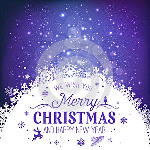 Christmas and New Year typographical on holidays background with snowflakes, light, stars. Vector Illustration