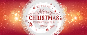 Christmas and New Year typographical on holidays background with snowflakes, light, stars. Vector Illustration