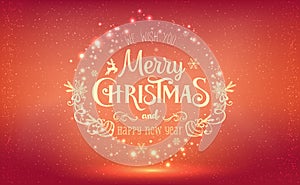 Christmas and New Year typographical on holidays background with snowflakes, light, stars. Vector Illustration