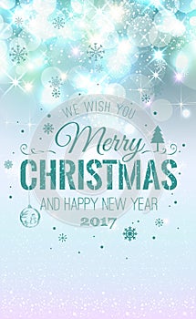 Christmas and New Year typographical on holidays background with snowflakes, light, stars. Vector Illustration