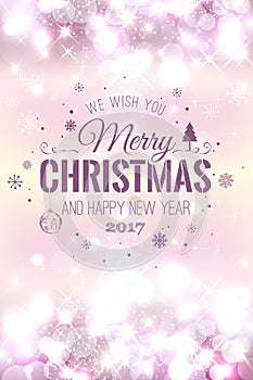 Christmas and New Year typographical on holidays background with snowflakes, light, stars. Vector Illustration. Xmas