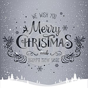 Christmas and New Year typographical on holidays background with snowflakes, light, stars. Vector Illustration. Xmas