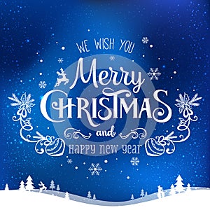 Christmas and New Year typographical on holidays background with snowflakes, light, stars. Vector Illustration. Xmas