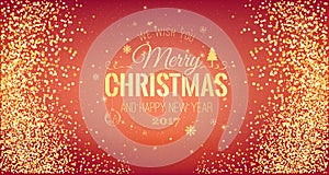 Christmas 2017 and New Year typographical on red background with gold firework. Xmas card. Vector