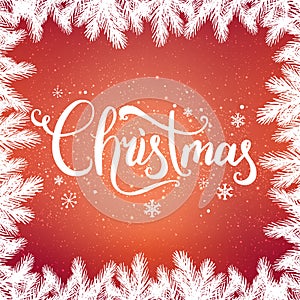 Christmas and New Year typographical on red background with winter landscape with snowflakes, light, stars.