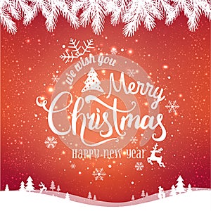 Christmas and New Year typographical on red background with winter landscape with snowflakes, light, stars.