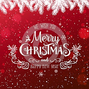 Christmas and New Year Typographical on red Xmas background with winter fir branches, snowflakes, light, stars. Merry Christmas ca
