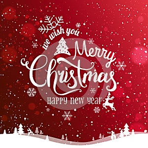 Christmas and New Year Typographical on red Xmas background with winter landscape, snowflakes, light, stars. Merry Christmas card.