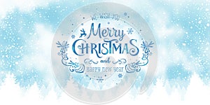 Christmas and New Year Typographical on snowy Xmas background with winter landscape with snowflakes, light, stars