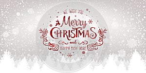 Christmas and New Year Typographical on snowy Xmas background with winter landscape with snowflakes, light, stars