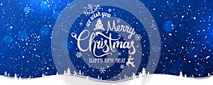 Christmas and New Year Typographical on snowy Xmas background with winter landscape with snowflakes, light, stars.