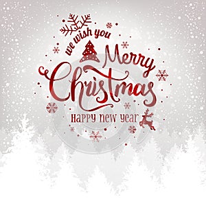 Christmas and New Year typographical on white background with winter landscape, snowflakes, light, stars.