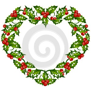 Christmas and New Year Vector holly frame in the shape of heart