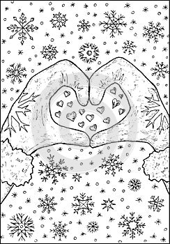 Christmas and New Year vector illustration with hands in mittens showing heart symbol against snowflakes. Greeting card