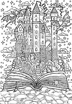 Christmas and New Year vector illustration with magic winter castle with dragons on pages of the open book. Greeting card