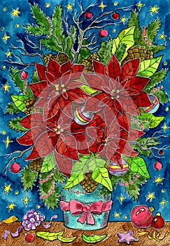 Christmas and New Year watercolor illustration with beautiful bunch of poinsettia