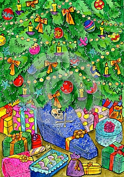 Christmas and New Year watercolor illustration with coffin as gift under decorated conifer with toys. Seasonal greeting card