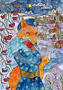 Christmas and New Year watercolor illustration with cunning beautiful fox wearing warm coat standing by tree against village