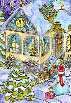 Christmas and New Year watercolor illustration with cute decorated cottage house, winter garden, conifer and snowman outside.