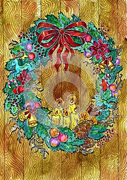 Christmas and New Year watercolor illustration with decorated garland