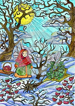 Christmas and New Year watercolor illustration with four-leaf clover and little girl in the winter forest. Seasonal greeting card