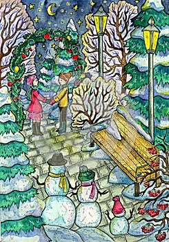 Christmas and New Year watercolor illustration with loving couple, snowman, lanterns and bench in beautiful winter garden .