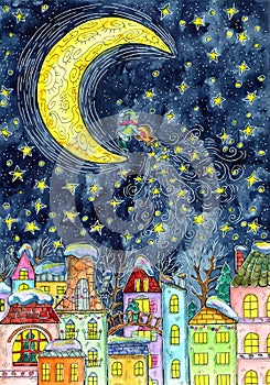 Christmas and New Year watercolor illustration with moon and gnome or dwarf dropping stars over beautiful houses or town at night