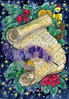 Christmas and New Year watercolor illustration with old letter or wish list, quill and conifer branches with candles and