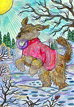 Christmas and New Year watercolor illustration with playful happy puppy or dog playing in the snow winter forest. Seasonal