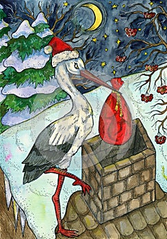 Christmas and New Year watercolor illustration with stork as Santa holding bag of gifts by the chimney on the house roof. Seasonal