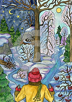 Christmas and New Year watercolor illustration with traveler or skier in the winter forest with trees and bushes. Seasonal