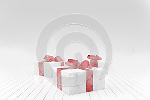 Christmas New Year white gift boxes with red bows of ribbons on the white background and smoke, mist, fog around. 3d