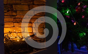 Christmas, New Year or winter background with fireplace with lights and decorated Christmas tree. Xmas, New Year holiday concept.