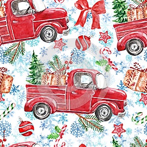 Christmas and New Year winter background with snowflakes, red vintage car, fir tree, holiday decor and ornaments