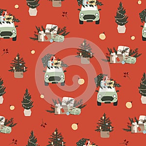 Christmas new year winter holiday seamless pattern with xmas car with gift boxes