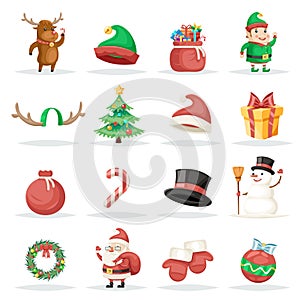 Christmas New Year Winter Holiday Xmas Isolated Icons Set Cartoon Design Vector Illustration