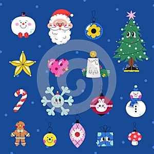 Christmas, New Year and Winter Holidays cute cartoon vector sticker set.