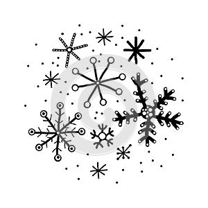 Christmas and new year winter icons. Different, patterned snowflakes, snow. Hand drawn monochrome set, black and white set. Happy