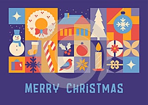 Christmas, New Year winter vector flat ornamental design of greeting card. Winter tile pattern. Merry Christmas symbols