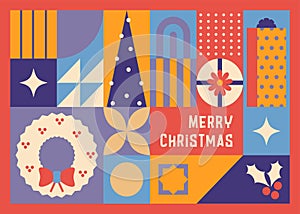 Christmas, New Year winter vector flat ornamental design of greeting card. Winter tile pattern. Merry Christmas symbols