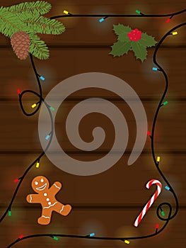 Christmas and new year wooden background with led lights, decorations and sweets vector illustration