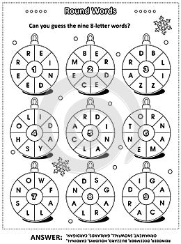 Christmas or New Year word game with round words on ornaments