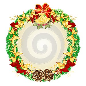 Christmas and New Year wreath decoration red and golden poinsettia spruce tree branches bow  and bells and pine cones vintage