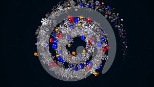 Christmas or New Year wreath spiral spinning on black background, seamless loop. Animation. Abstract blue garland of