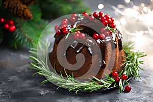 Christmas, New Year, Xmas or Noel chocolate bundt cake with glaze decorated with fresh berries and rosemary