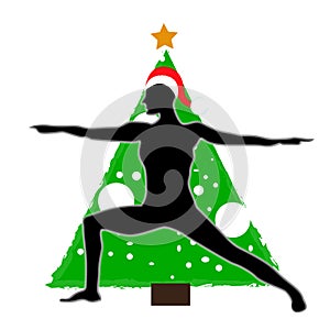 Christmas new year yoga asana on the background of the Christmas tree in the Santa Claus hat