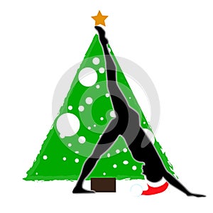 Christmas new year yoga asana on the background of the Christmas tree in the Santa Claus hat