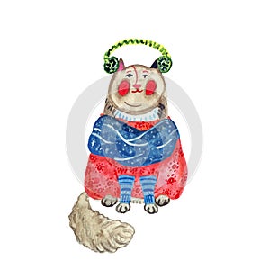 Christmas and New YearChristmas cartoon hand painted cat in red winter sweater, sitting and smiling.
