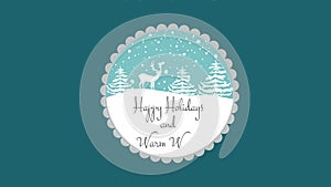 Christmas New Years animation with falling snow in winter forest scene with deer white frosty fir trees on blue background